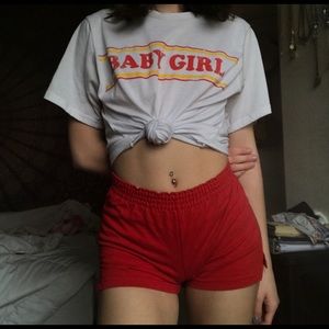 Red cheer shorts, white babygirl shirt